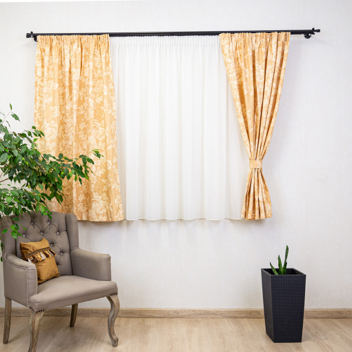 Set 5 piese draperii scurte, Hiko Nostalgie Garden Wheat, cu 2 bentite si o perdea Ana voal, cu rejansa