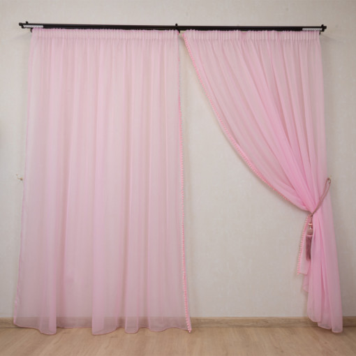 Set 2 Perdele voal Hiko Ana roz cu pom pom, cu rejansa