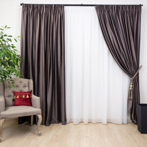 Set 3 piese Hiko, doua draperii Comfy catifea Deep Taupe si o perdea Ana voal, cu rejansa - Img 1