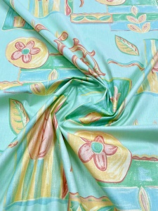 Fata de masa din Bumbac fin cu vascoza, Nostalgie verde menta , colorat floral, dimensiuni exacte la comanda - Img 2