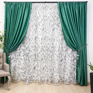 Set 2 draperii opace Hiko Blackout verde intens, lucios, cu rejansa - Img 3