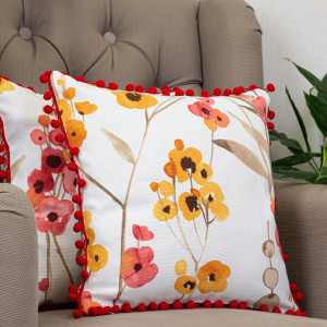 Set 2 perne decorative cu fata detasabila, Hiko Fantasy flori cu pom pom rosu 2x40x40cm - Img 3