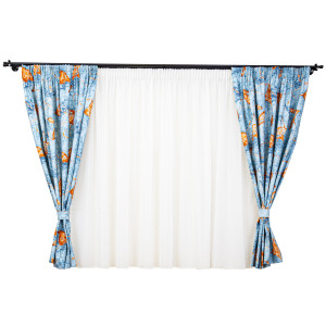 Set 5 piese draperii scurte Hiko Nostalgie Leaf bumbac albastru cu doua bentite si o perdea Ana Soft, cu rejansa - Img 2