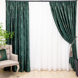 Set 2 draperii Hiko Goldie COMFY Istanbul, catifea imprimata, verde smarald auriu, cu rejansa creion, 6,5cm - Img 4