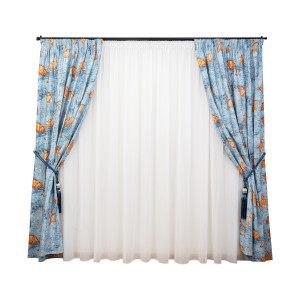 Set 3 piese, draperii Hiko Nostalgie Leaf bumbac albastru si o perdea din voal, cu rejansa - Img 2