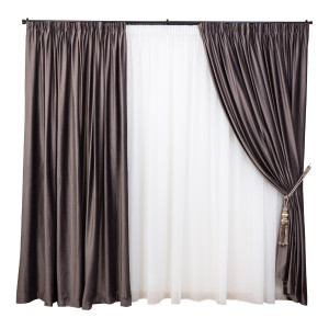 Set 3 piese Hiko, doua draperii Comfy catifea Deep Taupe si o perdea Ana voal, cu rejansa - Img 2