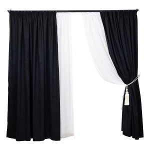 Set 4 piese Hiko, doua draperii COMFY catifea neagra si doua perdele Ana voal alb cu pom pom, cu rejansa - Img 2