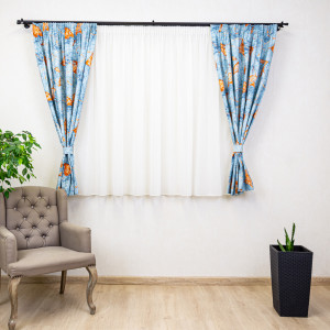 Set 5 piese draperii scurte Hiko Nostalgie Leaf bumbac albastru cu doua bentite si o perdea Ana Soft, cu rejansa - Img 3