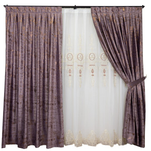 Set 5 piese Hiko Lux pliuri roz pudra, 2 draperii Imperial Comfy catifea cu bentite si o perdea brodata 3DTaby flori, cu rejansa - Img 1