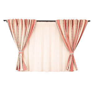 Set 5 piese rustice, 2 draperii scurte, Hiko Traditional cu 2 benzi de prindere si o perdea Ana voal ivoire, cu rejansa pentru galerie - Img 2