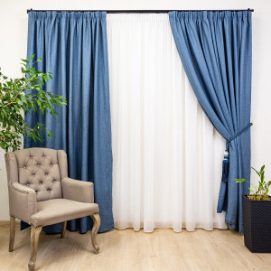 Set Hiko 3 piese, doua draperii Hiko Lux Blackout Blue Jeans si o perdea Ana voal, cu rejansa - Img 1