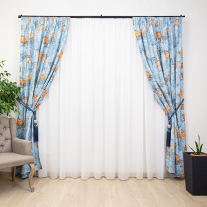 Set 2 draperii bumbac, Hiko Nostalgie Garden, albastru, Blue Leaf, cu rejansa Premium creion de 6,5cm - Img 4