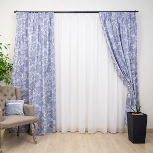 Set 2 draperii bumbac, Hiko Nostalgie Garden Flower albastru, cu rejansa Premium creion de 6,5cm
