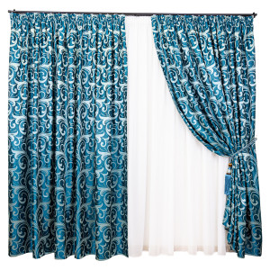 Set 3 piese , doua draperii Hiko Royal Garden turcoaz si o perdea Ana voal alb cu rejansa - Img 2