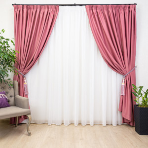 Set 3 piese, doua draperii opace, Hiko Blackout, dimout Pink si o perdea Ana, voal, cu rejansa Premium, creion de 6,5cm