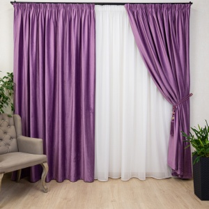 Set 3 piese Hiko, doua draperii COMFY catifea mov si o perdea Ana voal, cu rejansa - Img 1