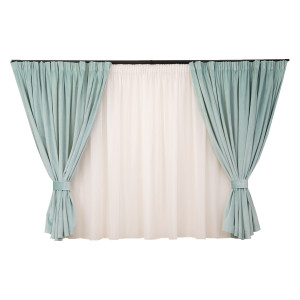 Set 5 piese Hiko, doua draperii scurte din catifea Comfy Ice Blue cu 2 benzi de prindere si o perdea Ana voal, cu rejansa - Img 3