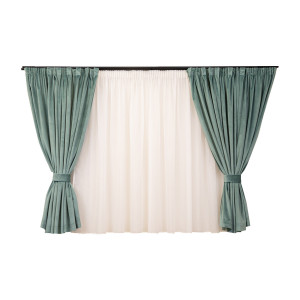 Set 5 piese Hiko, doua draperii scurte din catifea Comfy verde deschis cu 2 benzi de prindere si o perdea Ana voal, cu rejansa - Img 2