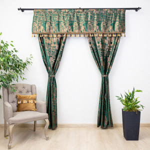 Set draperii pentru galerie sau sina, Hiko Imperial Comfy verde smarald cu banda ciucuri si doua bentite - Img 1