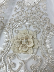 Perdea ivoire, fildes, Deluxe brodata 3D Hiko Velvet Flower, cu rejansa pliuri - Img 5