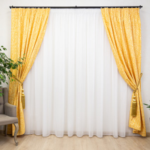 Set 3 piese draperii Hiko Nostalgie Garden bumbac galben si o perdea voal Ana , cu rejansa
