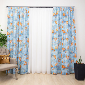 Set 3 piese, draperii Hiko Nostalgie Leaf bumbac albastru si o perdea din voal, cu rejansa - Img 3