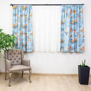 Set 5 piese draperii scurte Hiko Nostalgie Leaf bumbac albastru cu doua bentite si o perdea Ana Soft, cu rejansa - Img 4