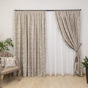 Set 2 draperii Hiko Imperial Garden bej, cu rejansa Premium, creion de 6,5cm