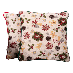 Set 2 perne decorative cu motive Craciun, din tesatura plina cu fata detasabila, Hiko Christmas, cu vipusca din catifea rosie si verde - Img 2
