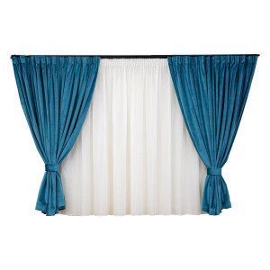 Set 5 piese Hiko, doua draperii scurte din catifea Comfy Ocean Blue cu 2 benzi de prindere si o perdea Ana voal, cu rejansa - Img 2