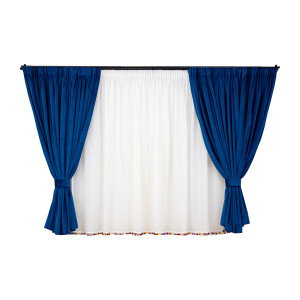 Set 5 piese pentru copii, Hiko Kids, 2 draperii scurte din catifea Comfy albastru royal cu 2 benzi de prindere si o perdea Ana voal cu pom pom colorat, cu rejansa - Img 2