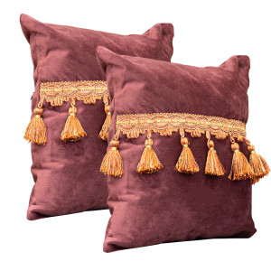 Set doua perne decorative cu fata detasabila, Hiko Comfy catifea marsala cu banda ciucuri din vascoza - Img 2