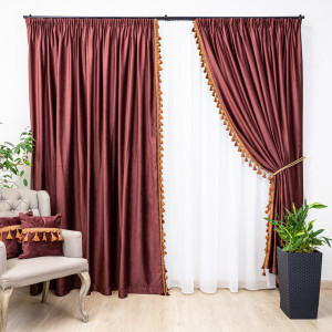 Draperie Hiko Comfy Lux catifea rosie marsala, cu banda ciucuri din vascoza, cu rejansa, 1 bucata - Img 1