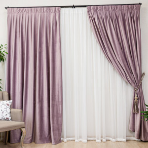 Set 2 draperii Hiko COMFY catifea roz pudra, cu rejansa fixa, pliuri - Img 1
