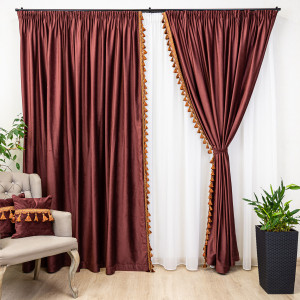 Set 2 draperii Hiko Comfy Lux catifea rosie marsala, cu banda ciucuri din vascoza, cu rejansa - Img 4