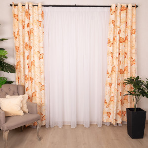 Set 3 piese Hiko, 2 draperii din bumbac cu inele plastic, Nostalgie Orange Leaf si o perdea Ana, crep fin, cu rejansa - Img 1
