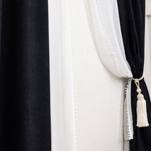Set 4 piese Hiko, doua draperii COMFY catifea neagra si doua perdele Ana voal alb cu pom pom, cu rejansa - Img 4