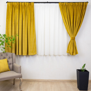 Set 2 draperii scurte cu doua benzi de prindere Hiko COMFY catifea mustar/auriu, cu rejansa - Img 2