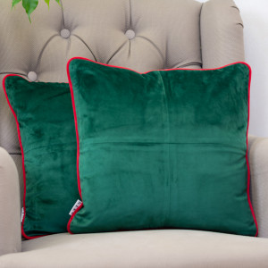 Set 2 perne decorative, cu fata detasabila, Hiko Comfy catifea verde smarald, cu vipusca rosie - Img 2