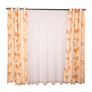 Set 3 piese Hiko, 2 draperii din bumbac cu inele plastic, Nostalgie Orange Leaf si o perdea Ana, crep fin, cu rejansa - Img 2