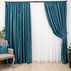 Set 3 piese Hiko, doua draperii Imperial Garden verde petrol si o perdea nesifonabila Bavaria linii, cu rejansa Premium, creion 6,5cm