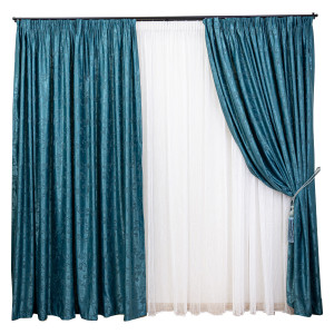Set 3 piese Hiko, doua draperii Imperial Garden verde petrol si o perdea nesifonabila Bavaria linii, cu rejansa Premium, creion 6,5cm - Img 2
