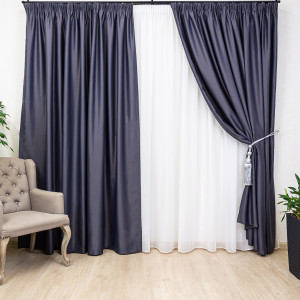 Set 3 piese Hiko, doua draperii opace, Blackout, dimout antracit si o perdea Ana voal, cu rejansa Premium, creion de 6,5cm