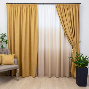 Set 3 piese Hiko mustar, doua draperii Base si o perdea Degradee coffee, cu rejansa