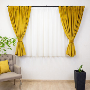Set 2 draperii scurte cu doua benzi de prindere Hiko COMFY catifea mustar/auriu, cu rejansa - Img 1