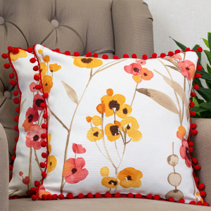 Set 2 perne decorative cu fata detasabila, Hiko Fantasy flori cu pom pom rosu 2x40x40cm - Img 2