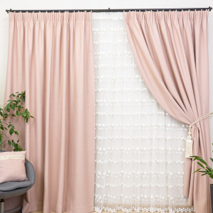 Set 3 piese Hiko, doua draperii opace, Blackout roz, usor lucios si o perdea Dots, cu rejansa - Img 1