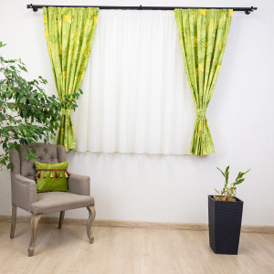 Set 5 piese draperii scurte Hiko Nostalgie Leaf bumbac verde cu doua bentite si o perdea Ana Soft, cu rejansa