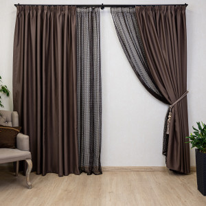 Set 2 draperii opace, Hiko Blackout maro usor lucios, cu rejansa - Img 1