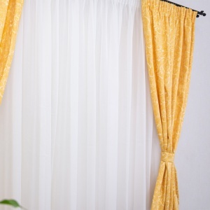 Set 2 draperii scurte din bumbac, Hiko Nostalgie Garden galben, cu rejansa Premium creion de 6,5cm cu 2 benzi de prindere - Img 4